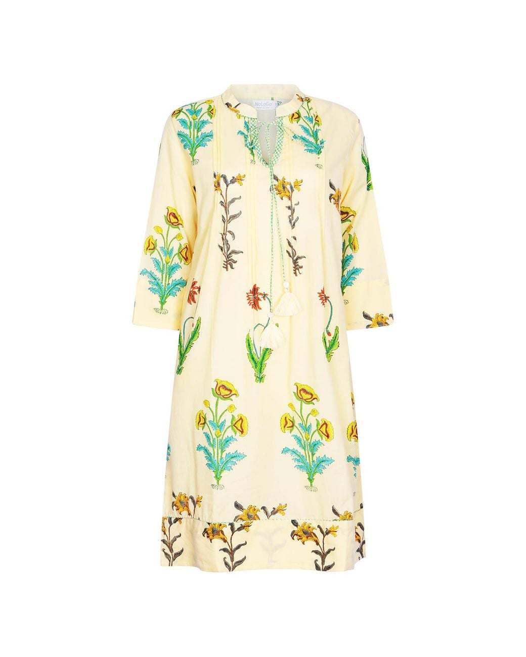 NoLoGo-chic Green Botanical Tassel Kurta Cotton Lemon Popcorn