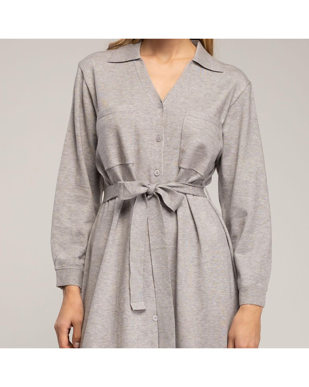 Tantra Spain Sl Gray Long Knit Shirt Dress With Chest Pockets And Belt