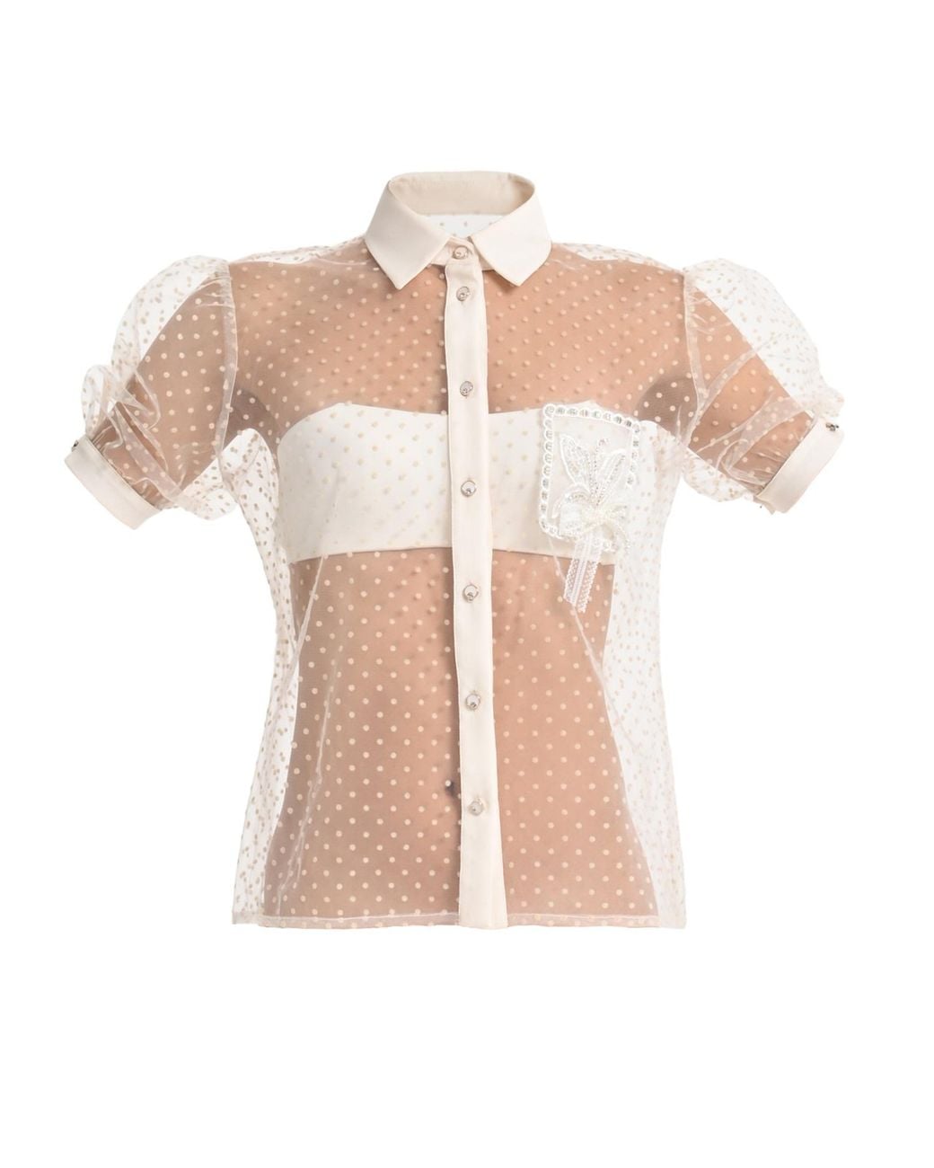 Lalipop Design Pink Neutrals Sheer Polka Dot Shirt With Floral Appliqué