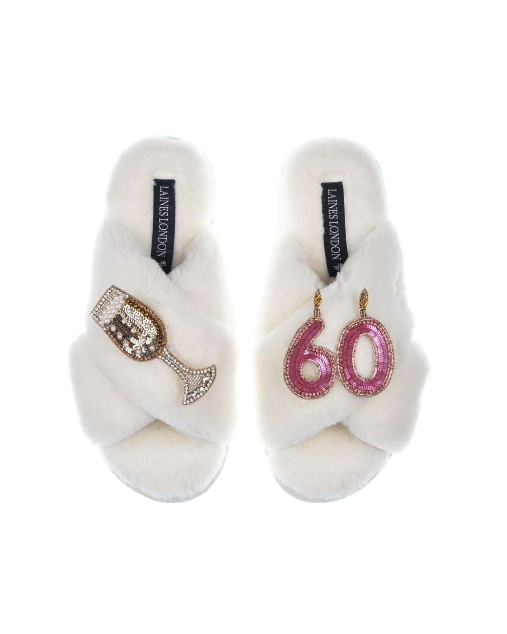 Laines London White Classic Laines Slippers With 60Th Birthday & Champagne Glass Brooches