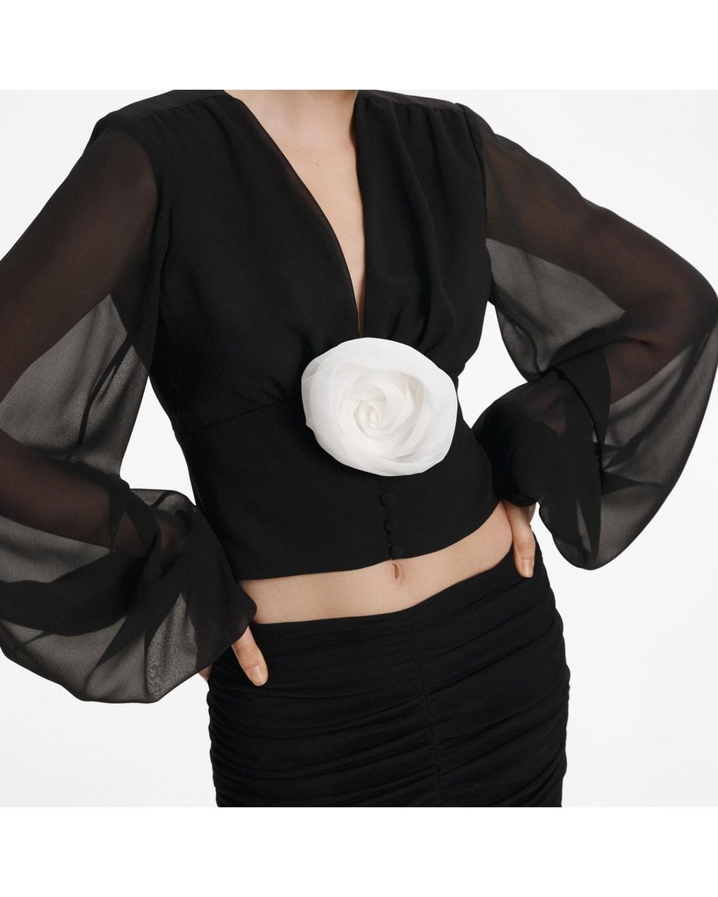 Lita Couture Black Ample-Sleeve Georgette Silk Top