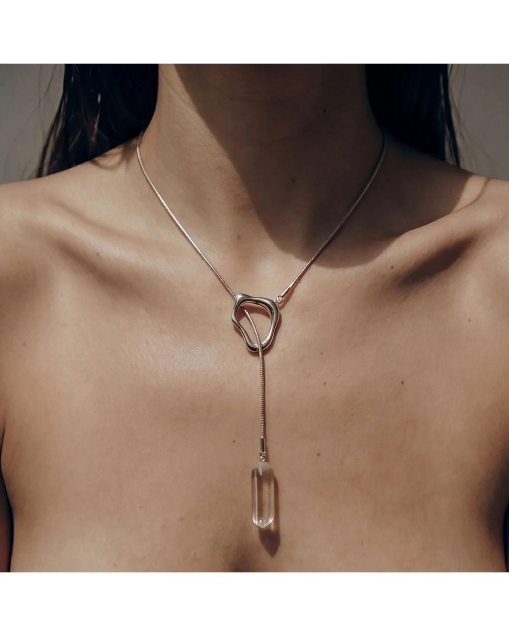 Ormiro Metallic Aether Clear Quartz Crystal And Titanium Steel Lariat Necklace