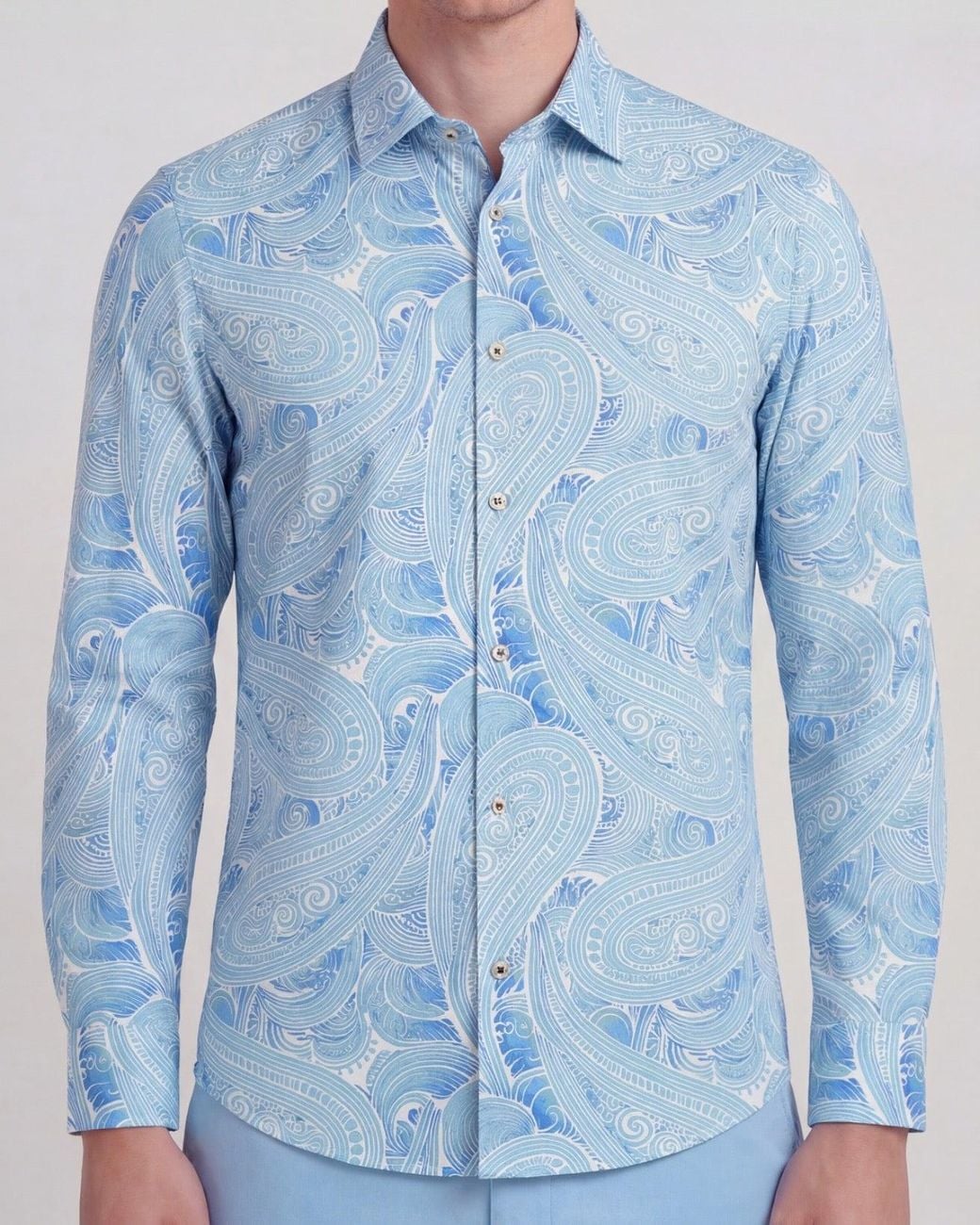 Lords of Harlech Blue Laurent Marakesh Paisley Linen Printed Shirt for men