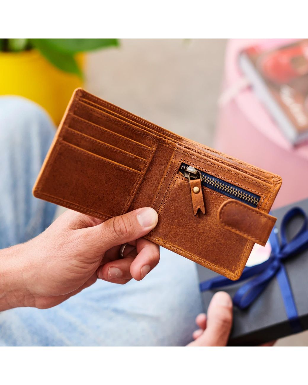 VIDA VIDA Orange Luxury Leather Zip Section Coin Wallet for men