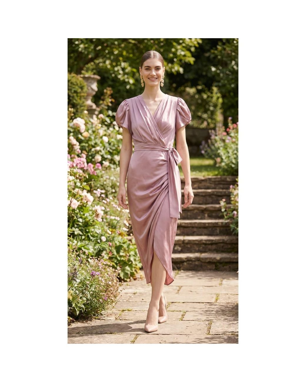concept A trois Pink Neutrals Long Wrap Satin Cocktail Dress – Dusty Rose