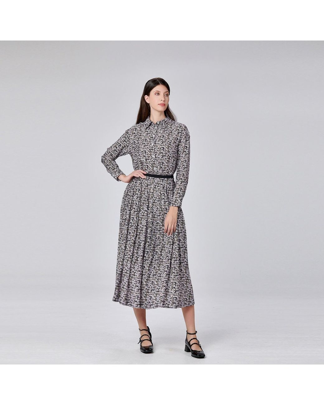 Smart and Joy Gray Flared Printed Skirt With Elastic Waistband