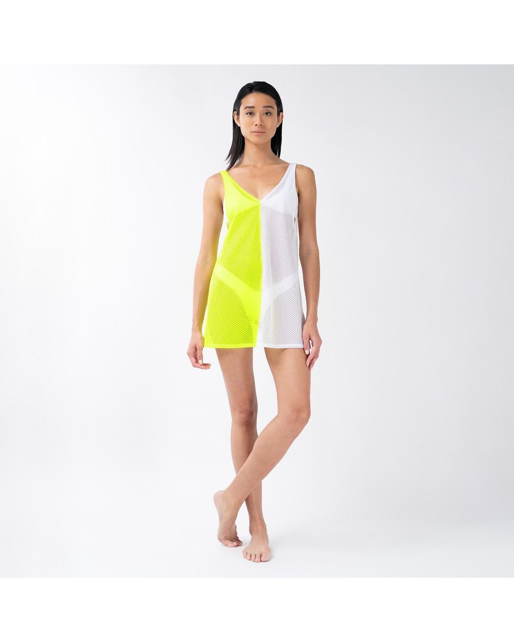 neon chevron dress Women's Yellow / White Neon Yellow-White Chevron Beach Cover-Up Athletic Mesh Dress | Medium