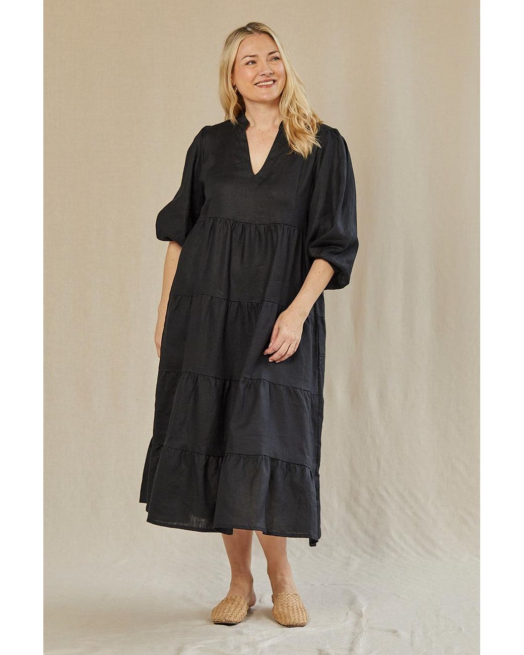 Adrift Clothing Black Sabre Linen V-Neck Dress