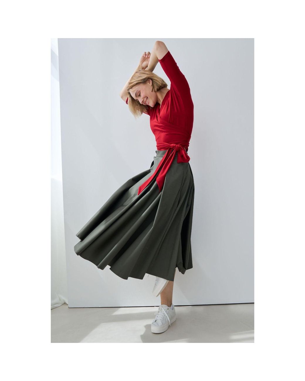 Marianna Déri Green Pleated Cotton Sateen Skirt