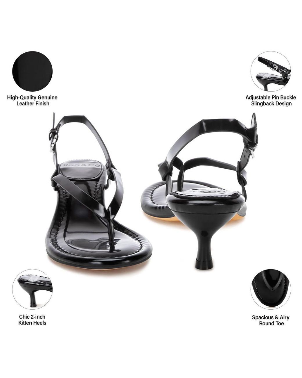 Rag & Co Black Brisbou Thong Strap Heels
