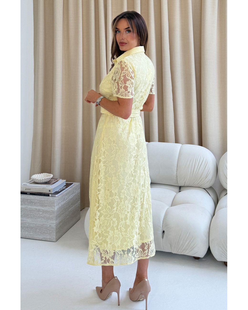 Girl In Mind Yellow Tansy Short Sleeve Lace Shirt Dress