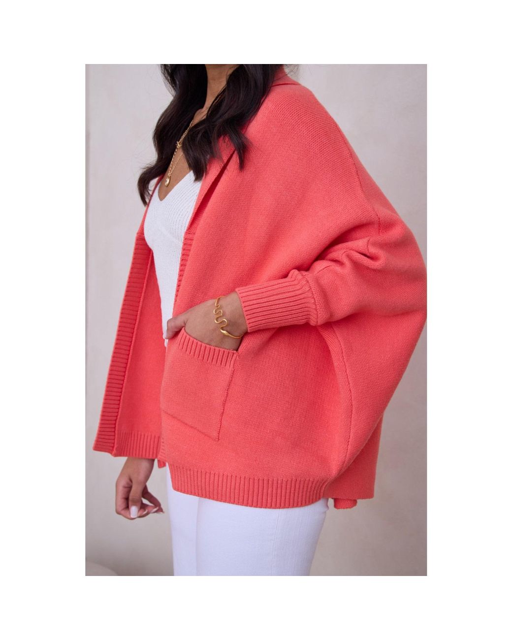 Saachi Pink Open Front Oversized Coral Cardigan Sweater
