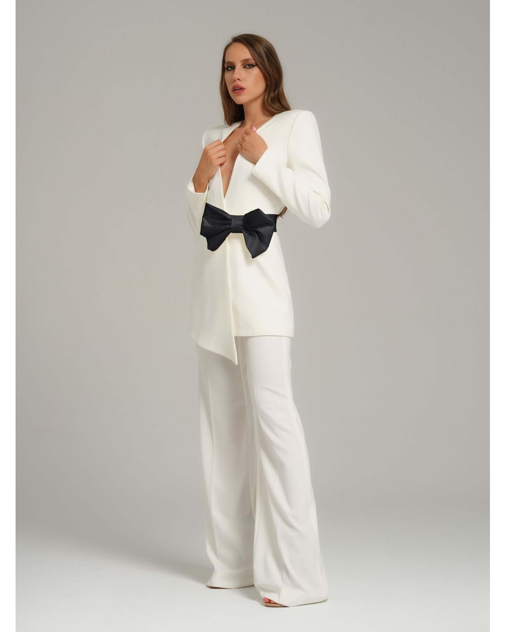 Tia Dorraine White Rare Pearl Power Suit With Detachable Bow Belt