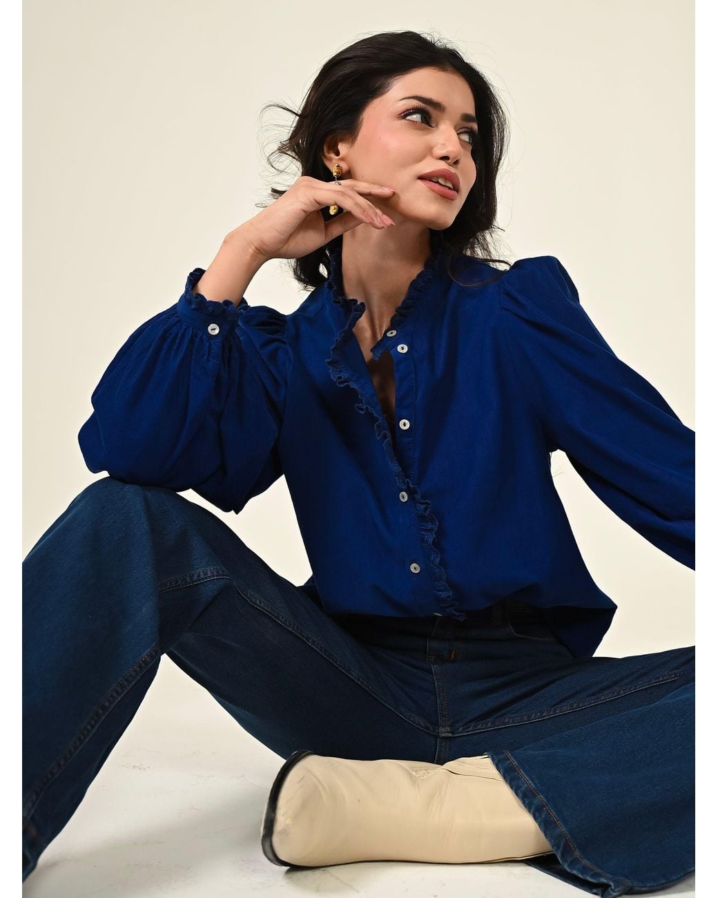 Rose & Nancy Blue Nerys Cord Embroidered Frill Blouse