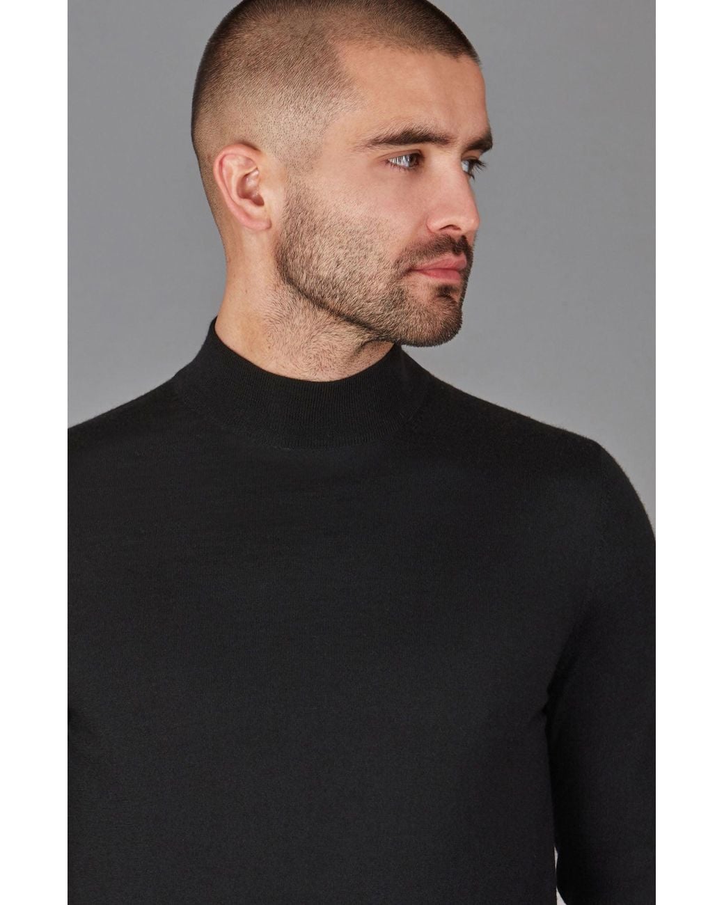 Paul James Knitwear Black Superfine Riccardo Merino Silk Mock Turtle Neck Jumper for men