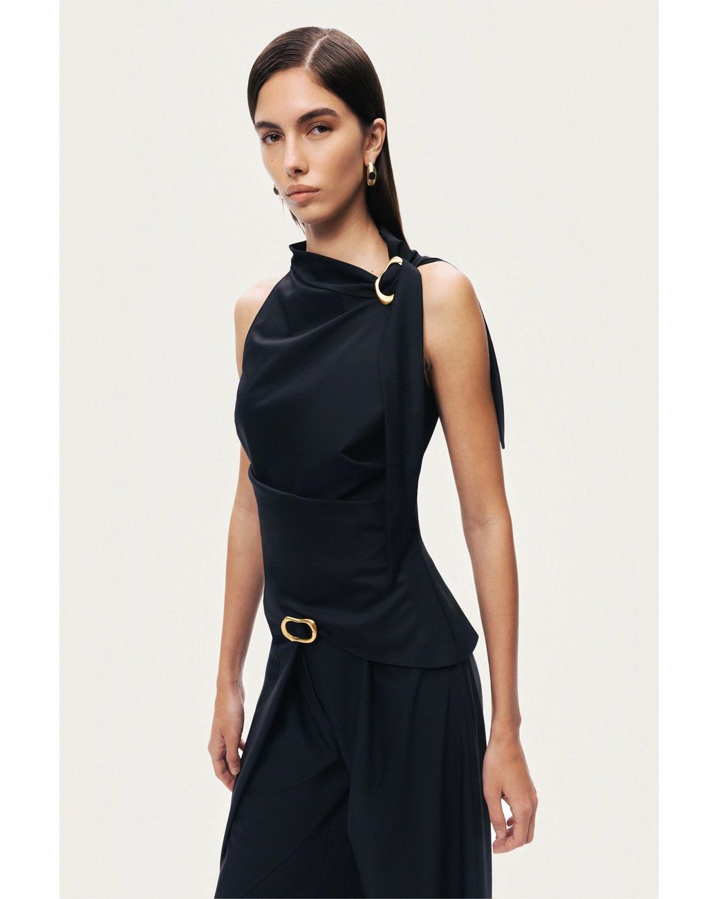 Nocturne Black Asymmetric Buckle-Detail Blouse