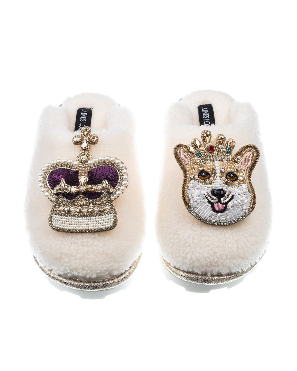Laines London Metallic Teddy Closed Toe Slippers With Corgi & Crown Brooches