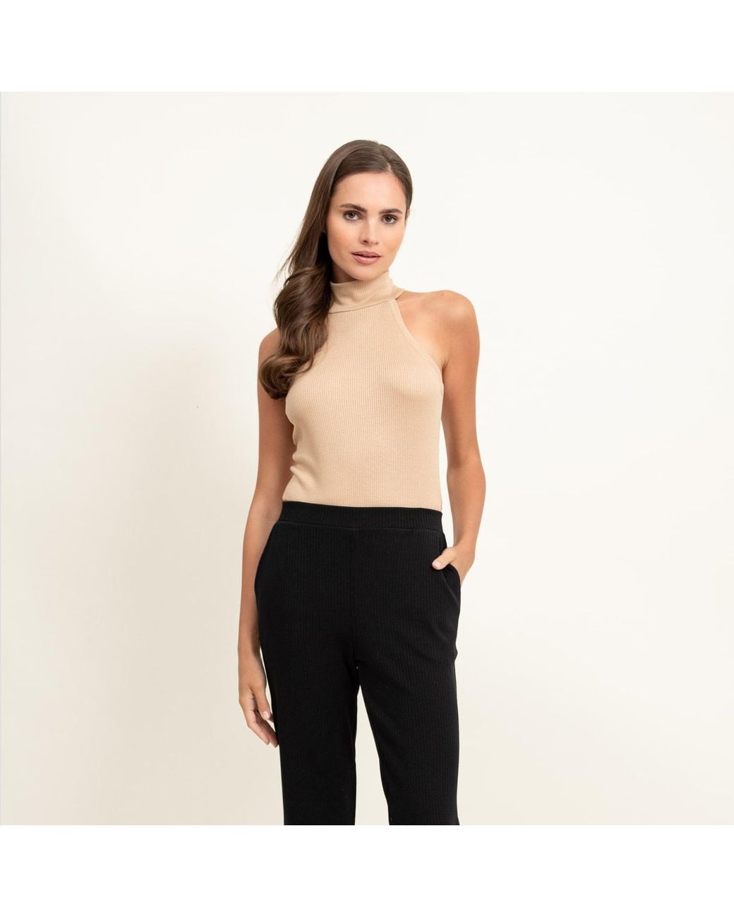 Oh!Zuza Brown Neutrals Ribbed Viscose Halterneck Top