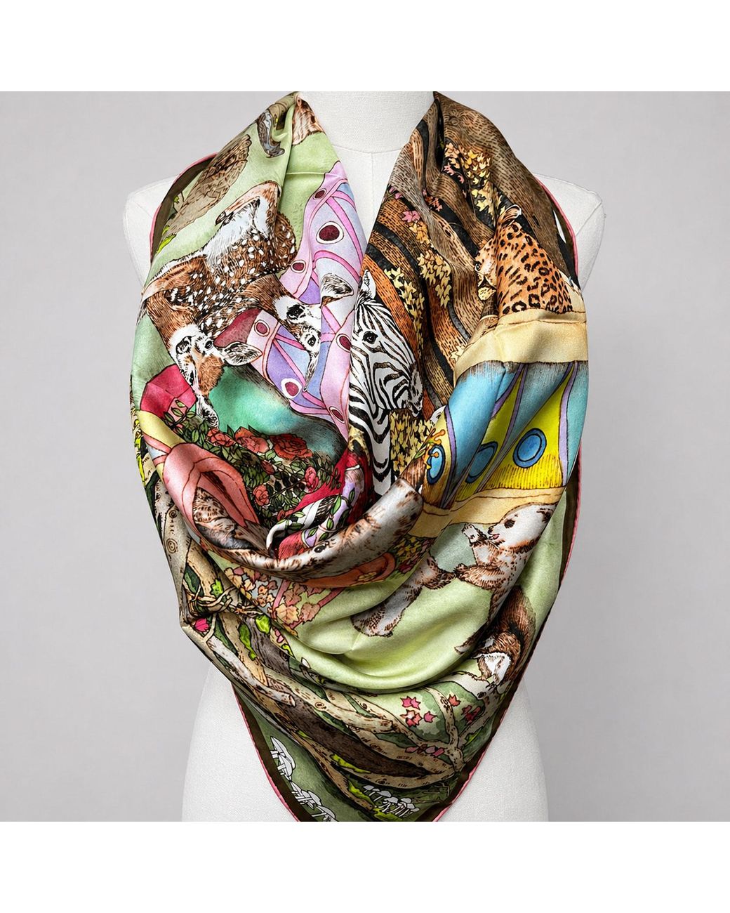 Wenzi Multicolor Neutrals The Forest Circus Hand Painted Mulberry Silk Square Scarf