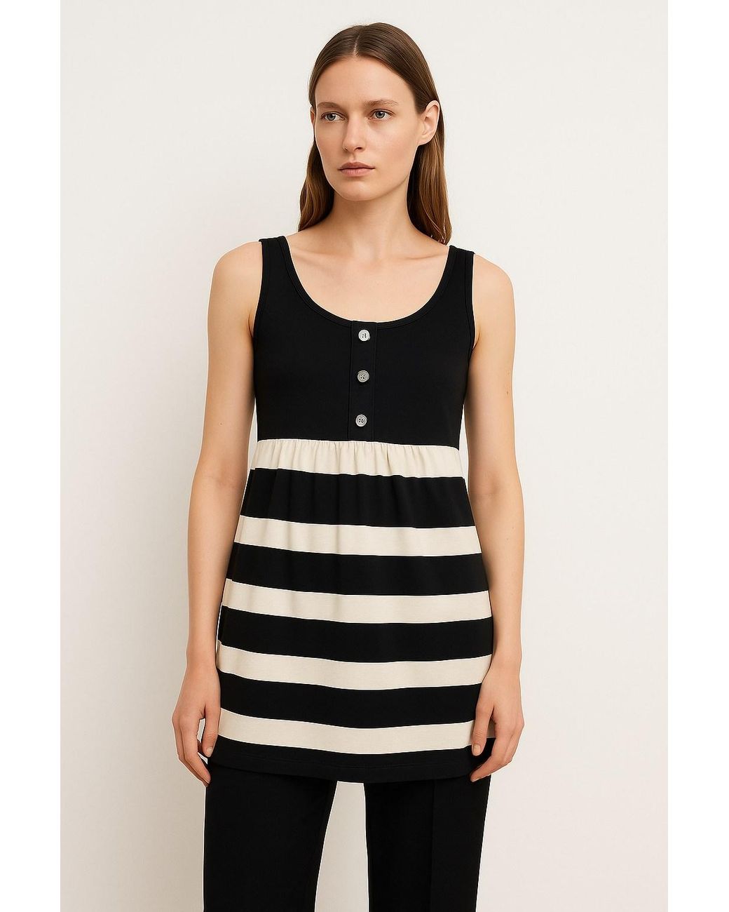 Conquista Black Striped Sleeveless Tunic Top