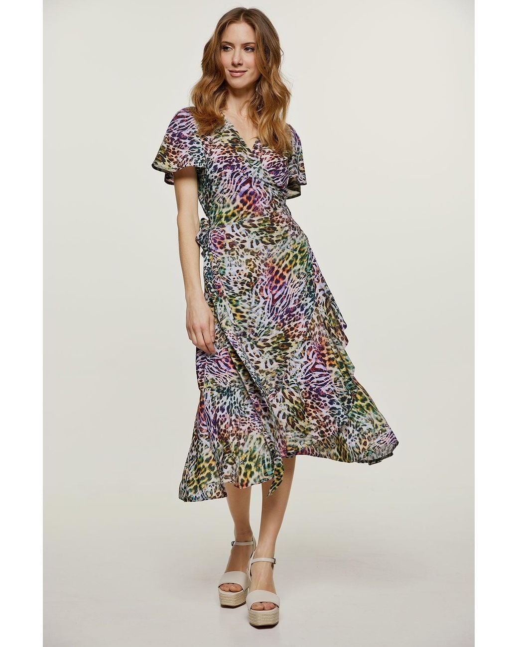 Conquista Multicolor Animal Print Ruffle Detail Wrap Dress