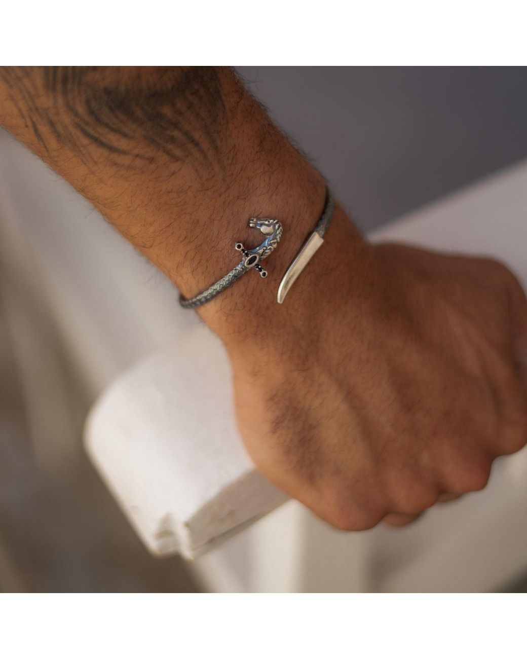 Ebru Jewelry White Warrior Horse Saber Oxidized Sterling Wrap Bracelet for men