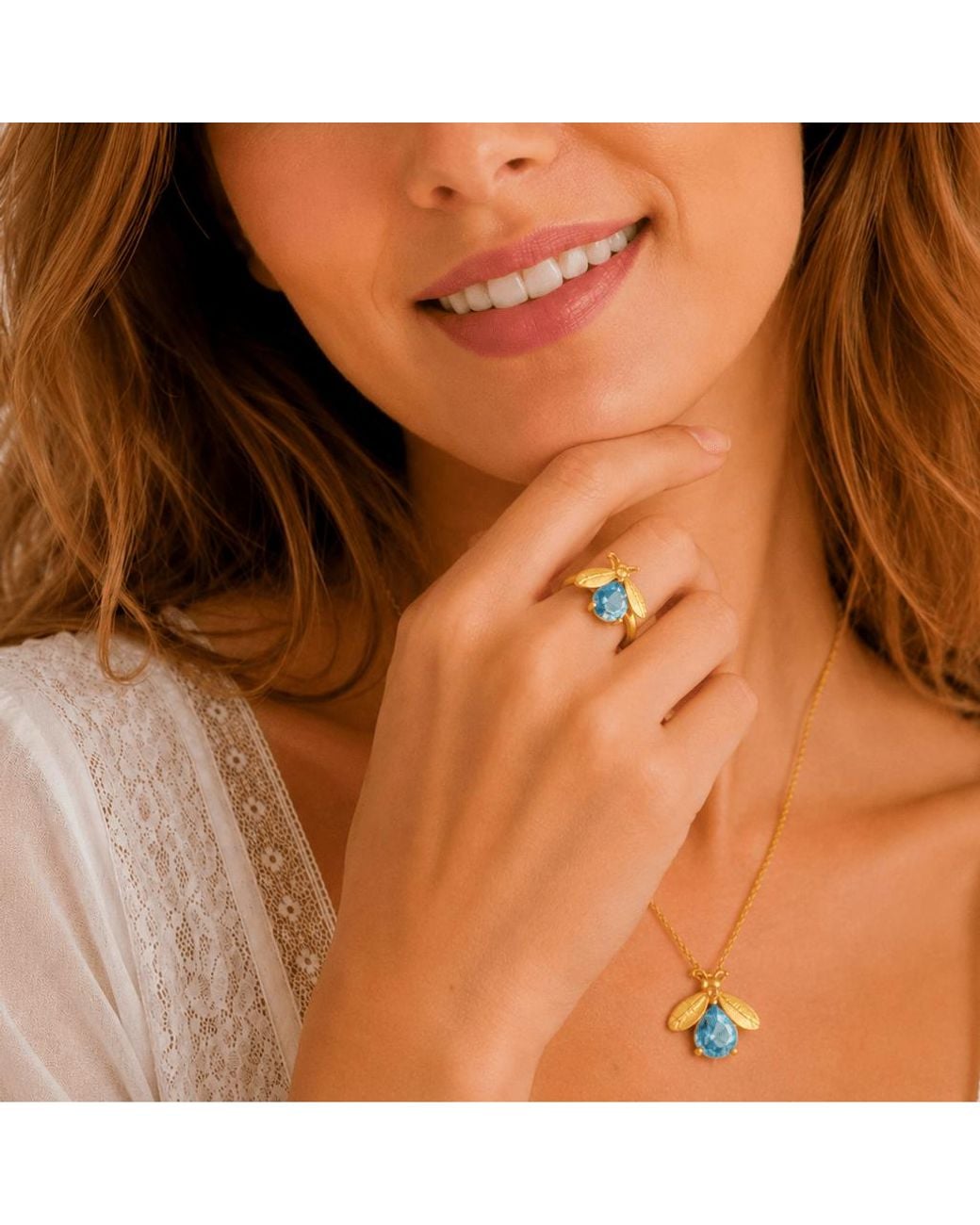 Ormiro Metallic Summer Firefly Topaz Vermeil Necklace & Ring Jewelry Set
