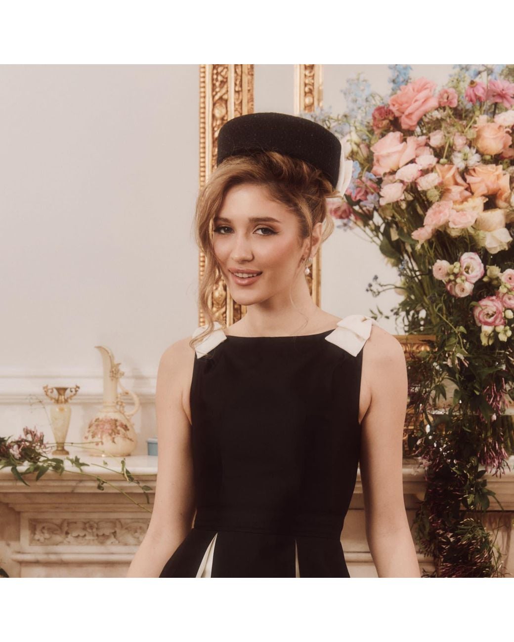 Santinni Black Amour Woollen Tweed Pillbox Hat With Silk Bow Rosa