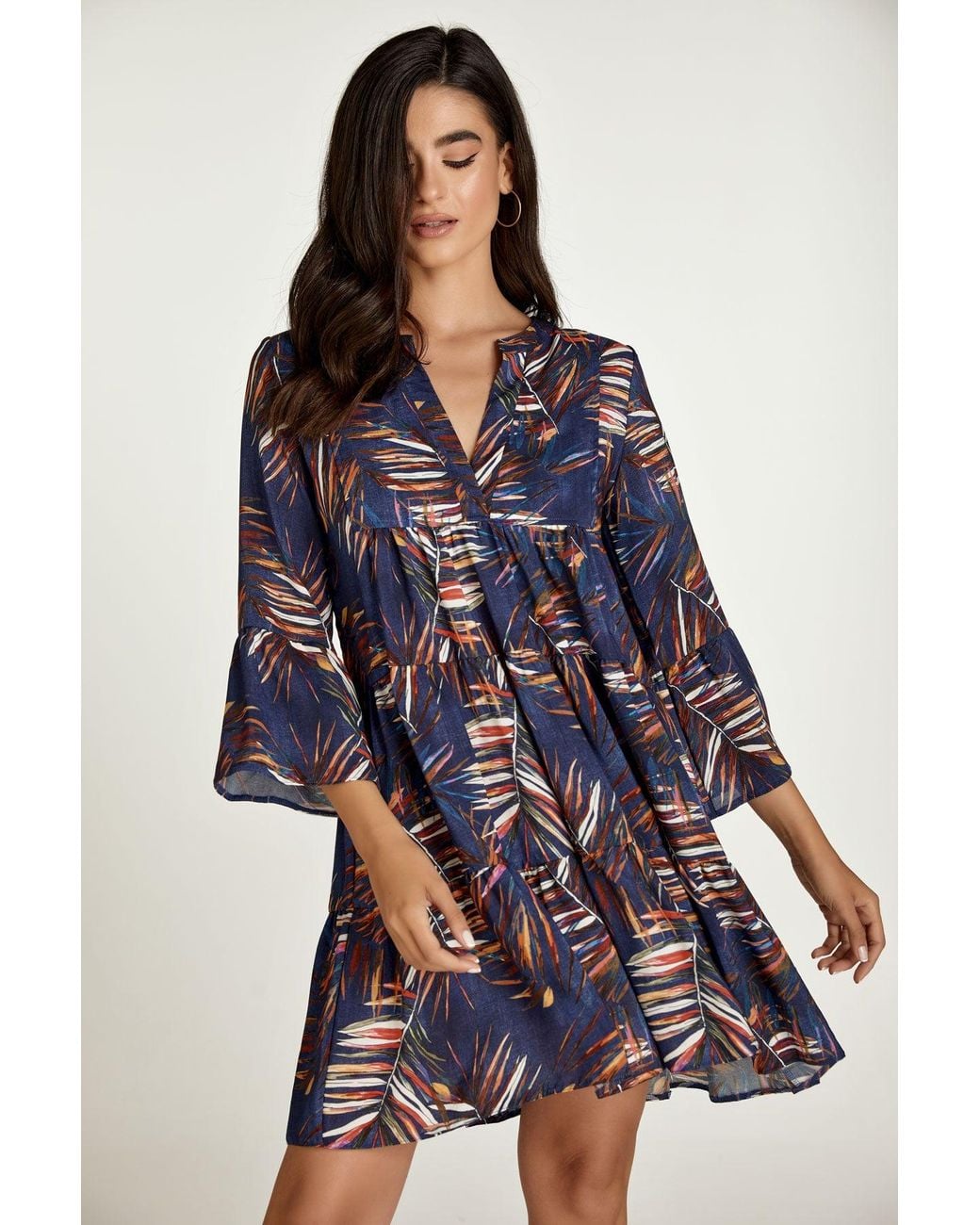 Conquista Blue Leaf Print A Line Dress With Bell Sleeves