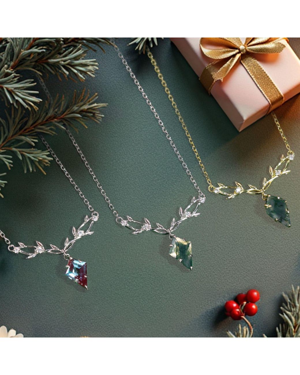 Azura Jewelry New York Metallic Elven Entwine Moss Agate Necklace Vermeil