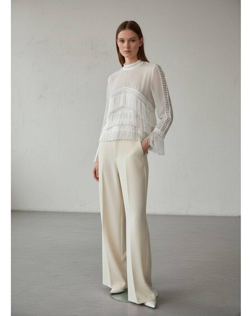 Conquista White Neutrals Cream Long-Sleeve Blouse With Fringe Detailing