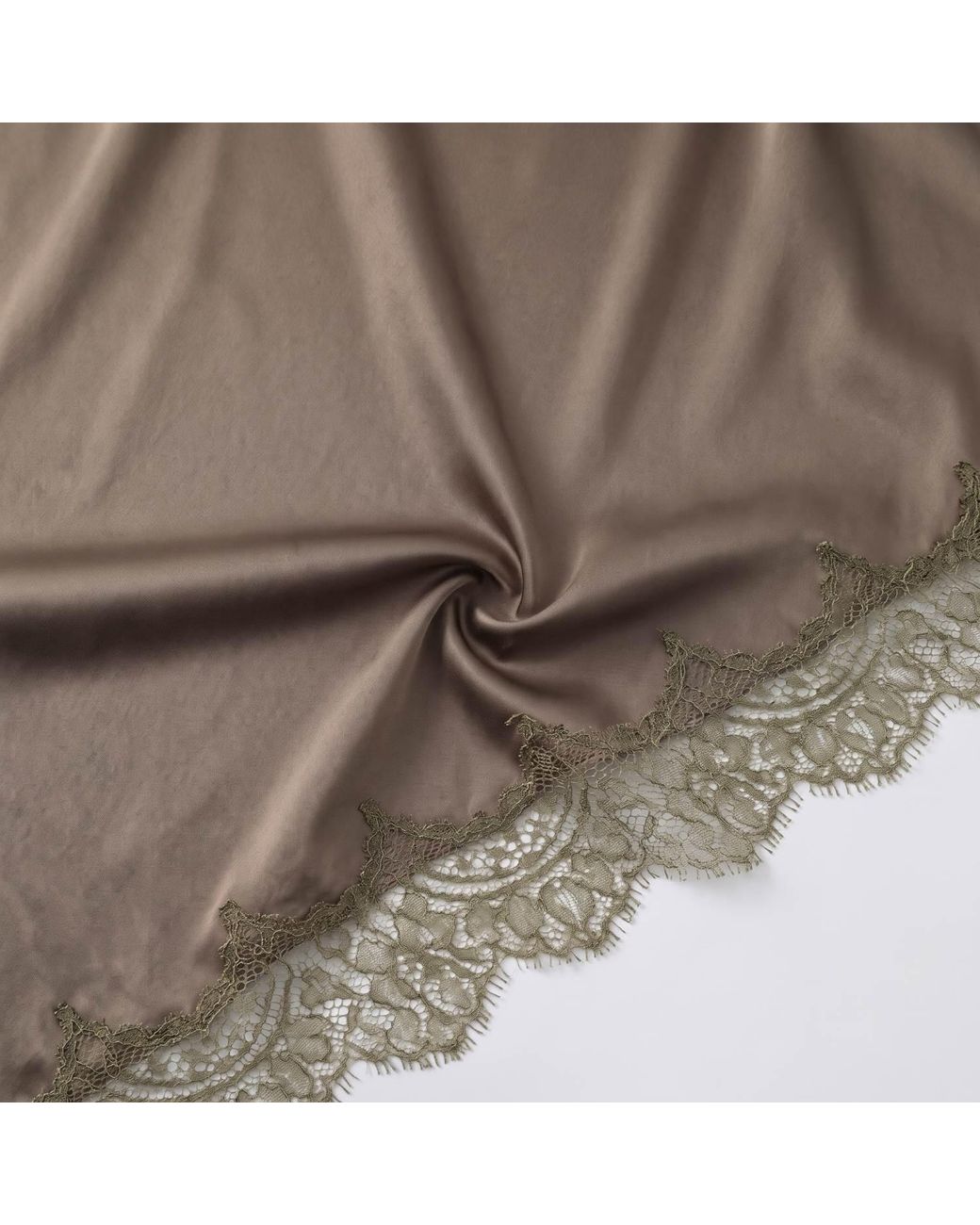 Modenaire Brown Asymmetric Satin Slip Dress With Lace Trim And Fluid Draping