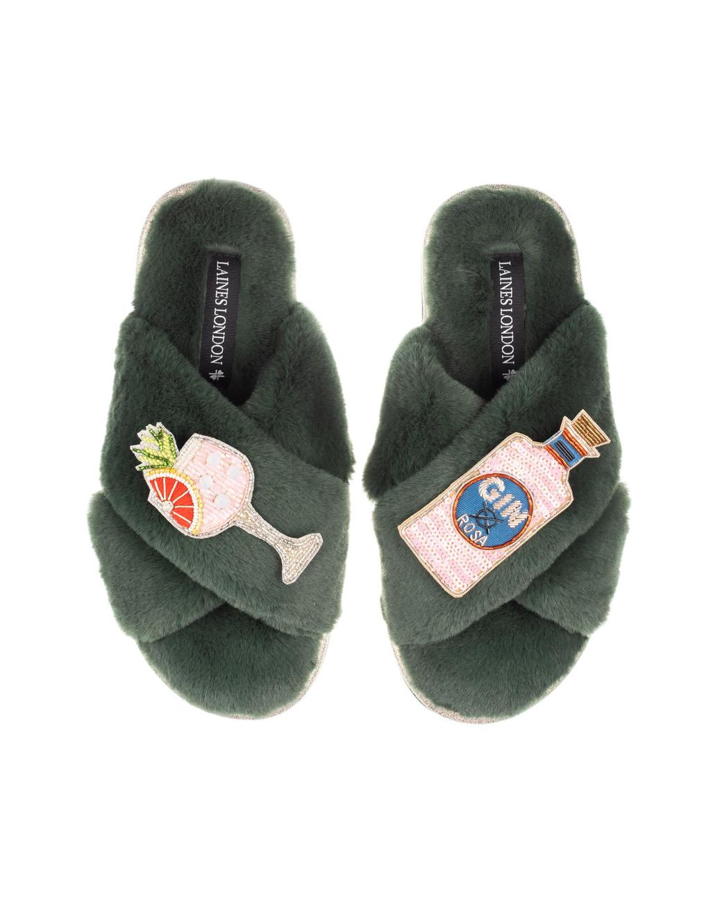 Laines London Green Classic Laines Slippers With Rosa & Grapefruit Gin Brooches