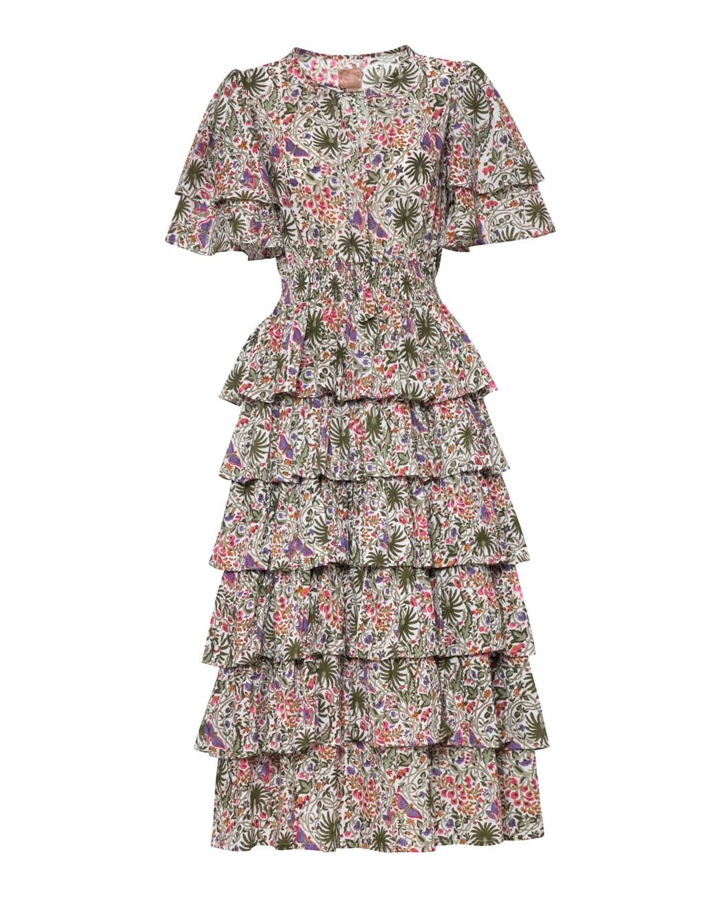 Carolina Benoit Pink Palm Springs Clinched Waist Dress Aqua Print