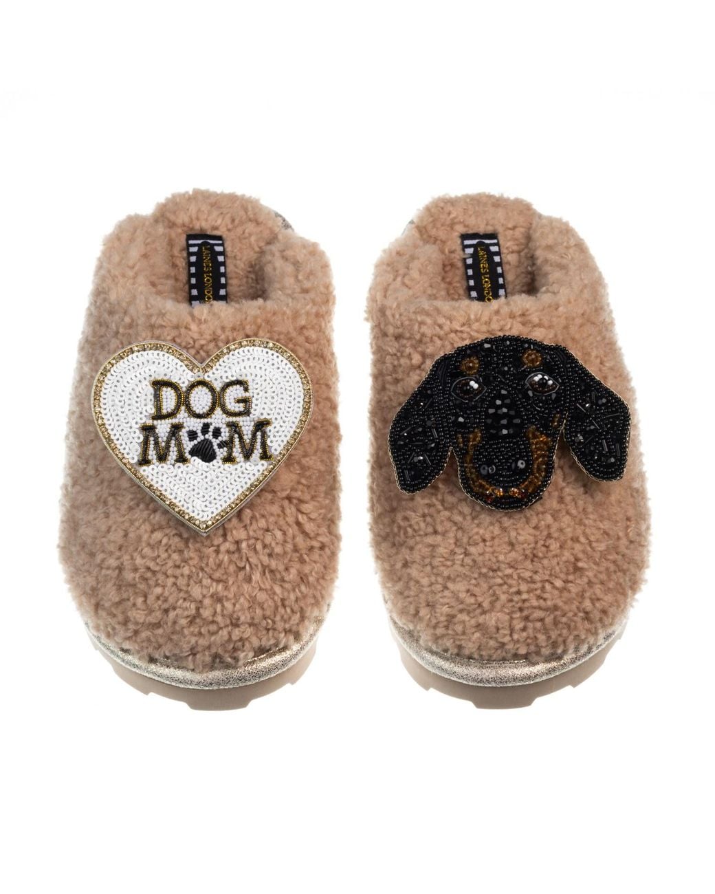 Laines London Brown Teddy Closed Toe Slippers With Little Sausage The Dachshund & Dog Mum Mom Brooches