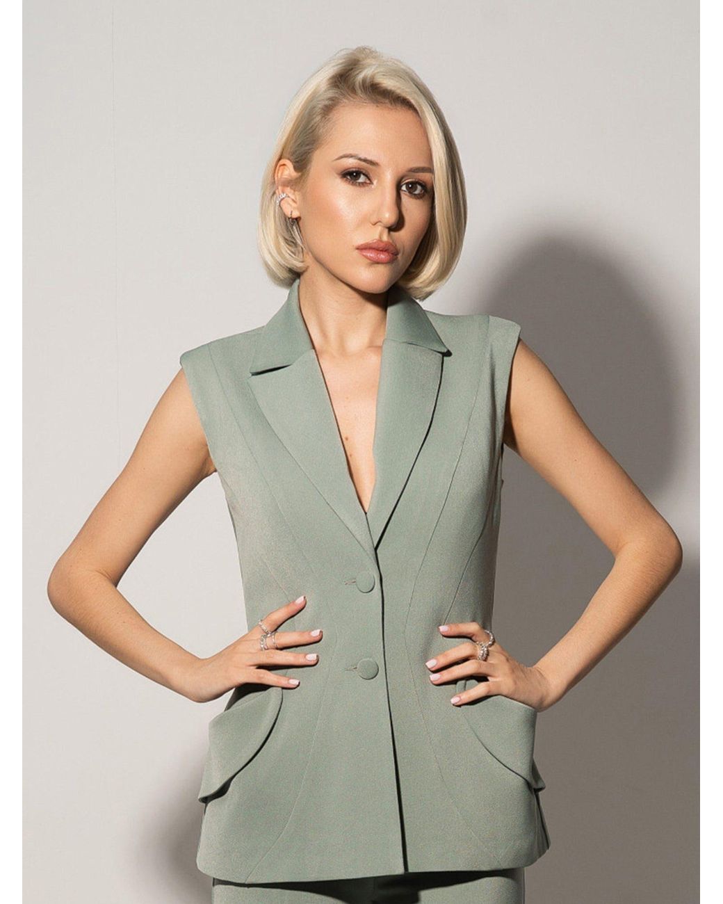 Tia Dorraine Green Tailored Fit Suiting Vest & Skirt Suit