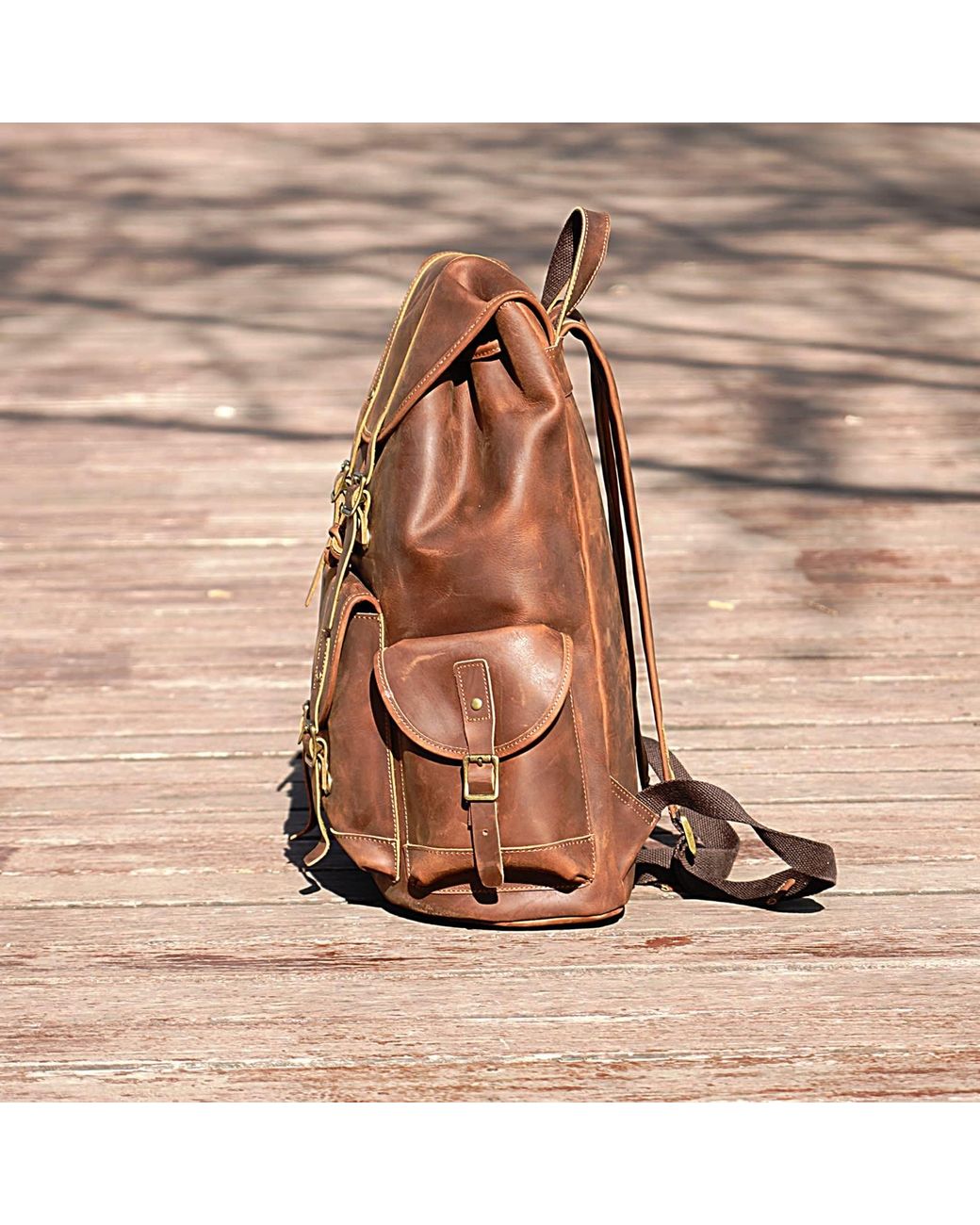 Touri Brown Military Style Leather Backpack for men