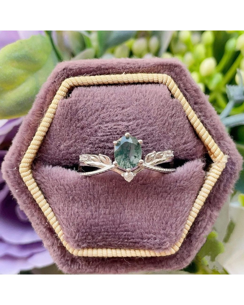 Azura Jewelry New York Green Calla Lily Moss Agate Ring Vermeil