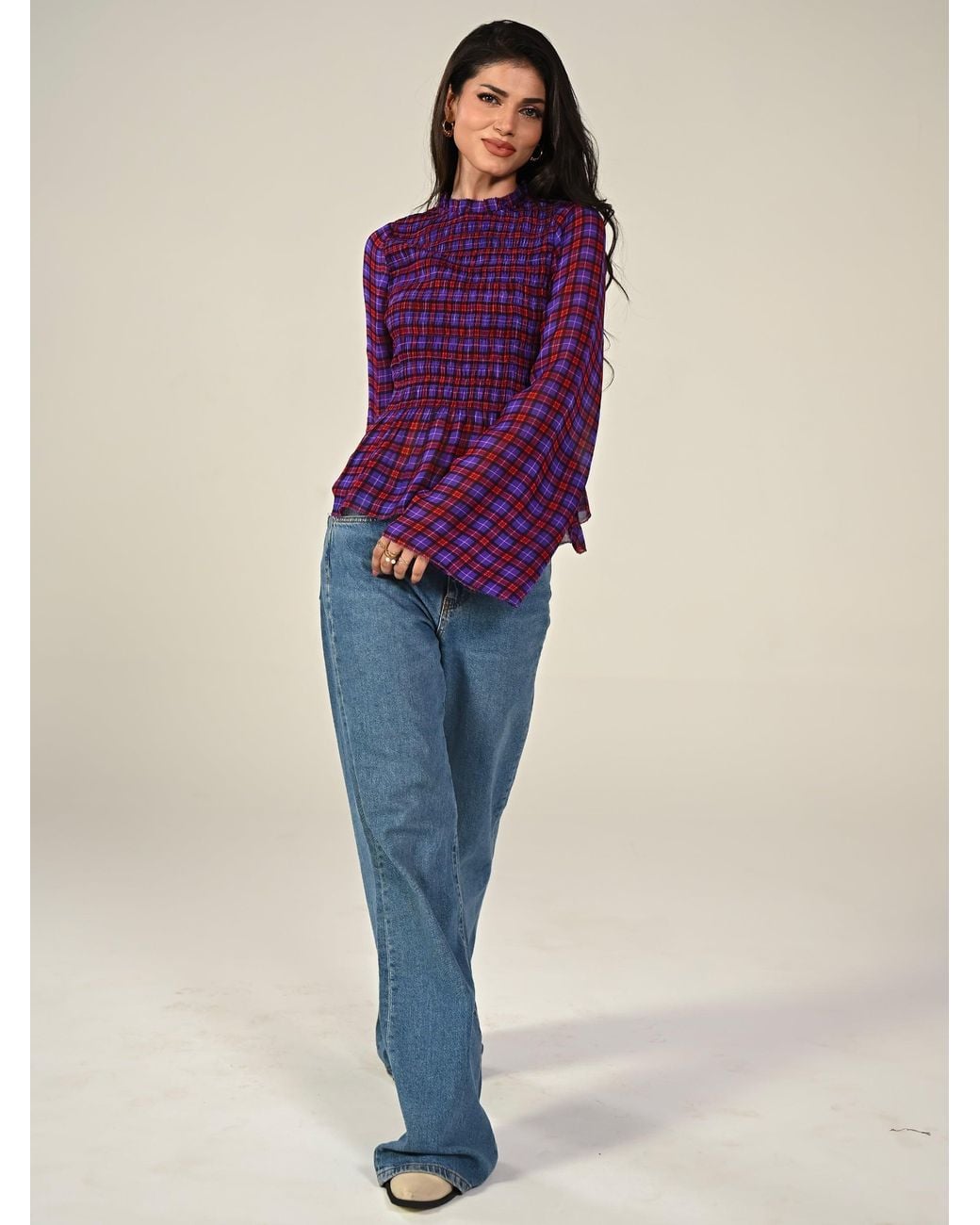 Rose & Nancy Purple Monica Smocked Check Blouse