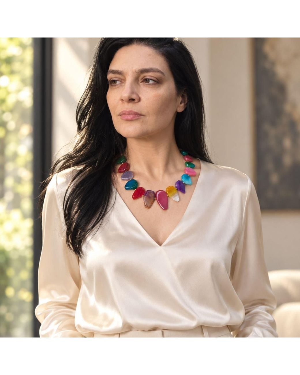 Way to Chic Red Multicolour Agate Statement Necklace With-Plated Accents