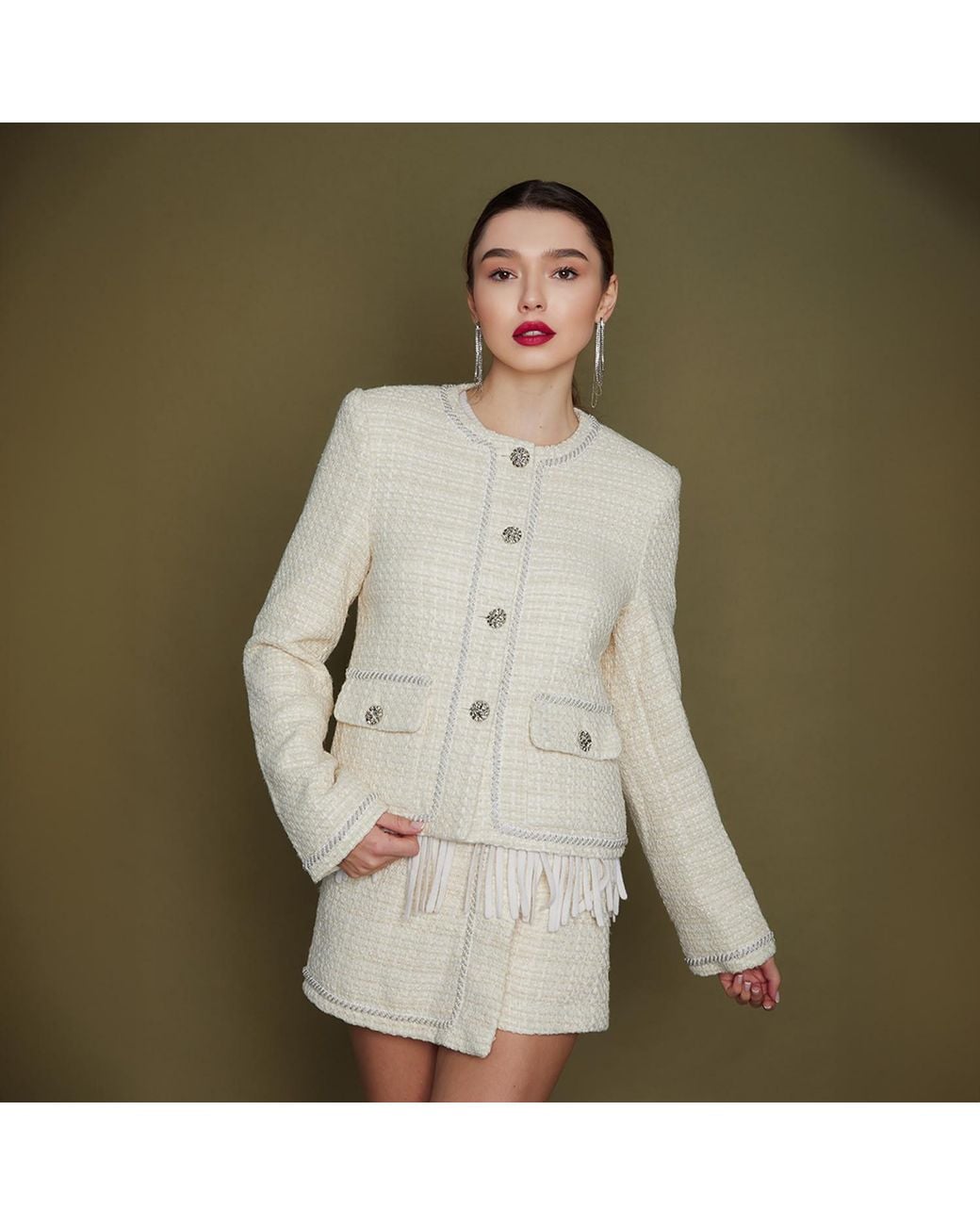 Solgo Atelier White Neutrals Pogonia Crop Tweed Bouclé Jacket With Beaded Trim