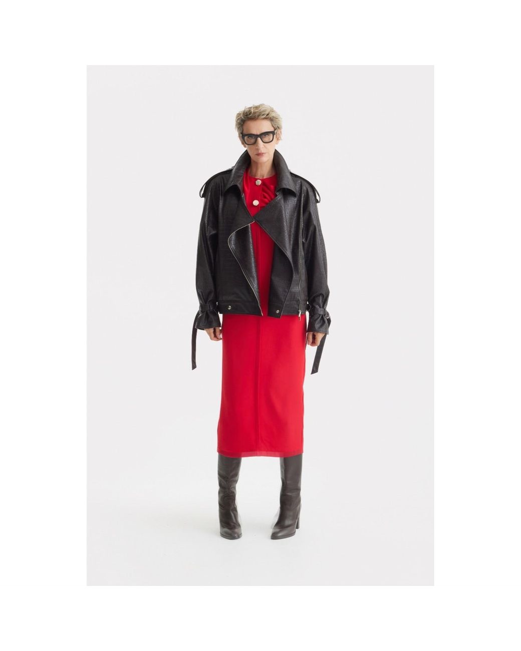 Julia Allert Black Croc-Effect Faux Leather Oversized Jacket – Dark
