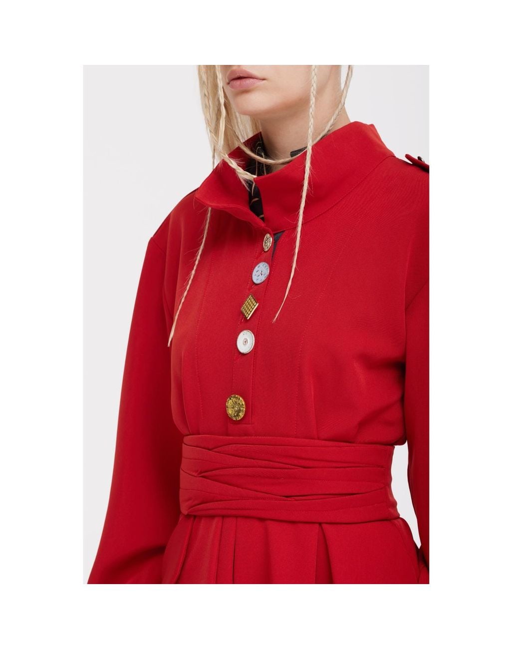 Julia Allert Red Double-Collar Belted A-Line Midi Dress –