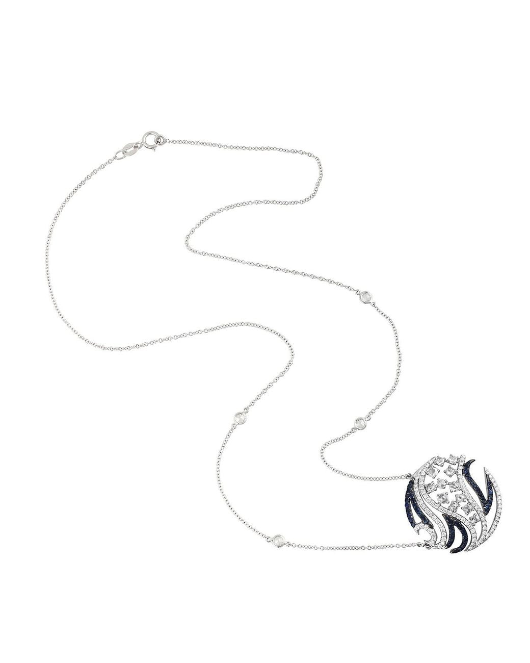 Artisan White Diamond 18k Gold Blue Sapphire Designer Princess Chain Necklace