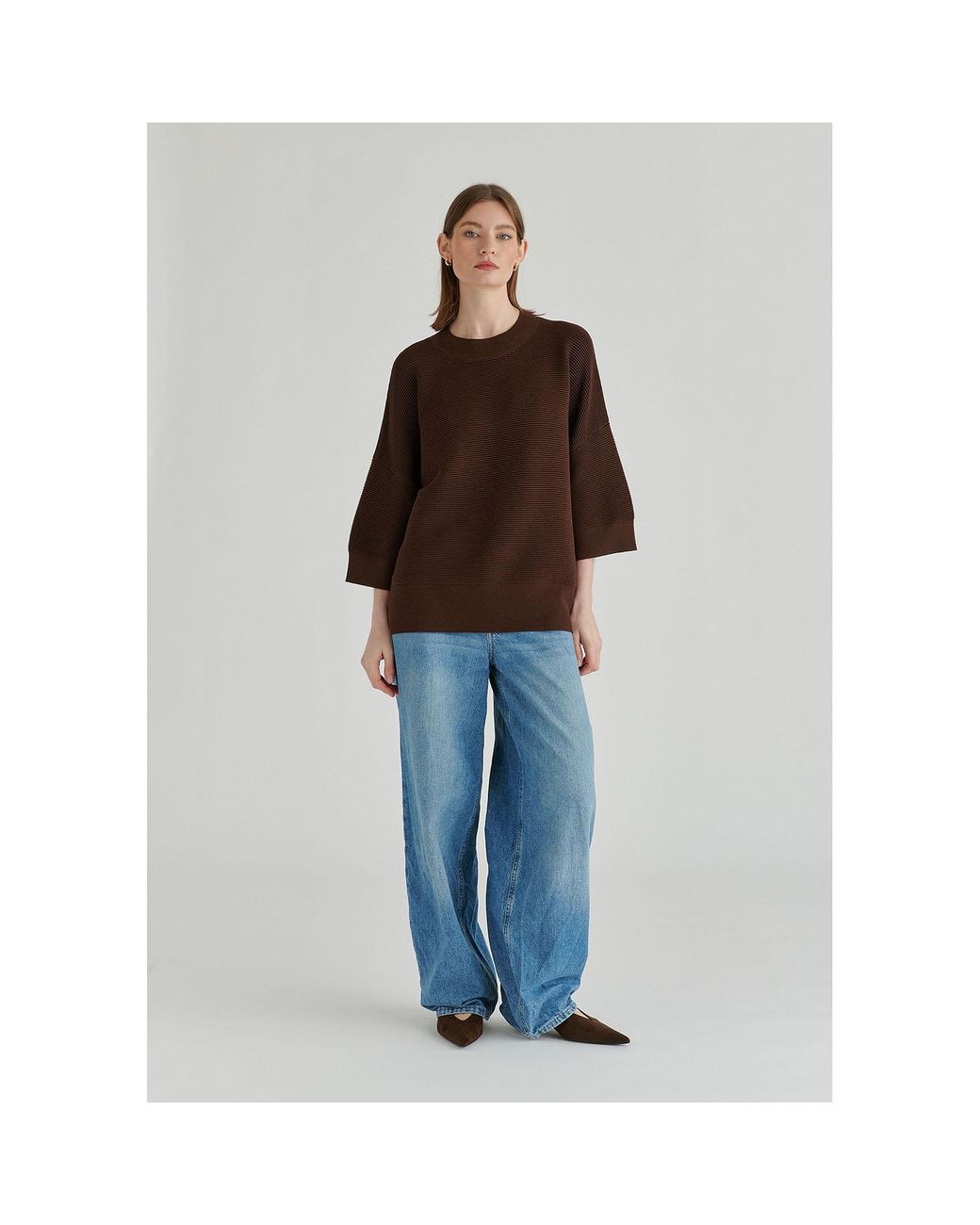 Paisie Brown Mock Neck Cropped Sleeve Ribbed Jumper