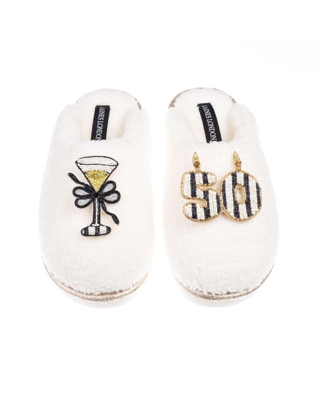 Laines London White Teddy Closed Toe Slippers With Stripe 50Th Birthday & Champagne Glass Brooches