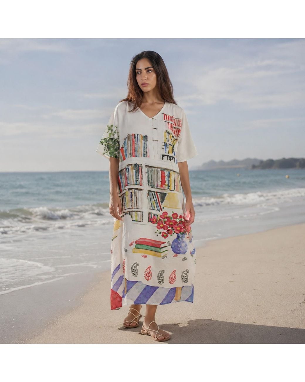 DHARA SHETH DUBAI White Abode Artistic Bookshelf Printed Kaftan Maxi Dress