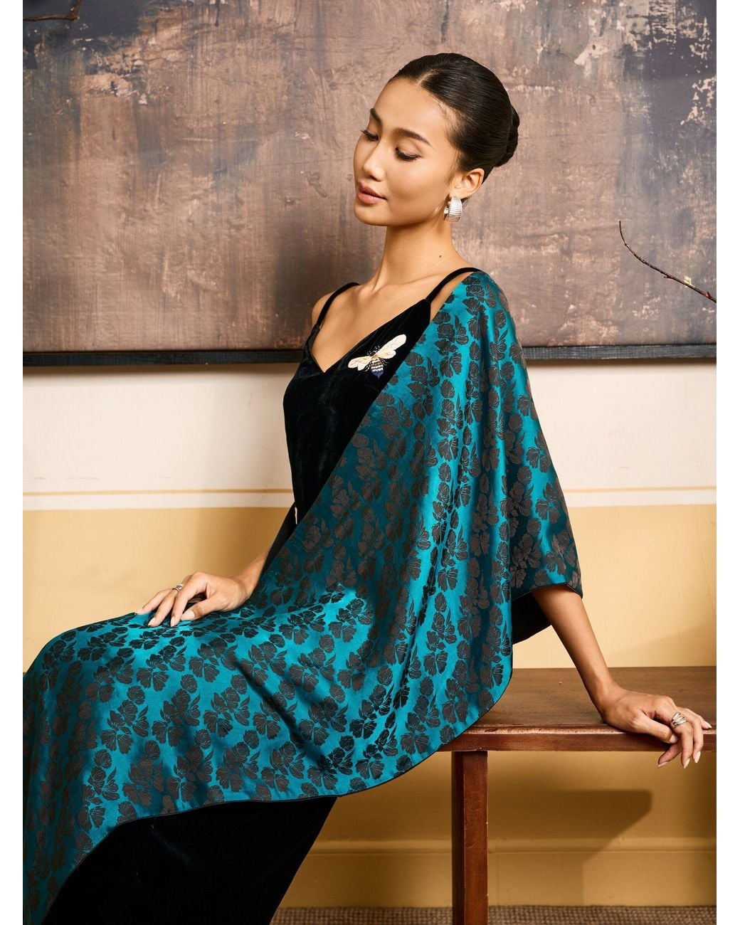 Silk and Bears Blue Reversible Jacquard Silk Evening Shawl — Soirée Collection