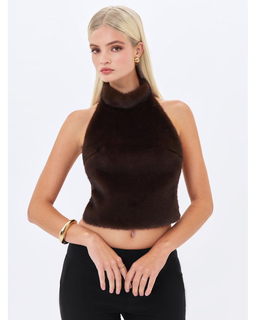 Miss Circle New York Black Xeriah Espresso Faux Mink Fur Backless Halter Top