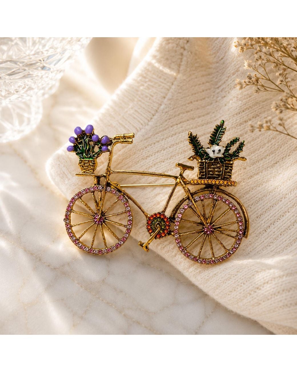 By Ozge Multicolor Blooming Journey Multicolour Stone & Enamel Tone Vintage Bicycle Brooch